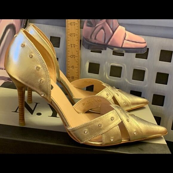 NYLA Heels Holiday-S Rhinestone Gold NIB SZ.8 - Picture 1 of 8
